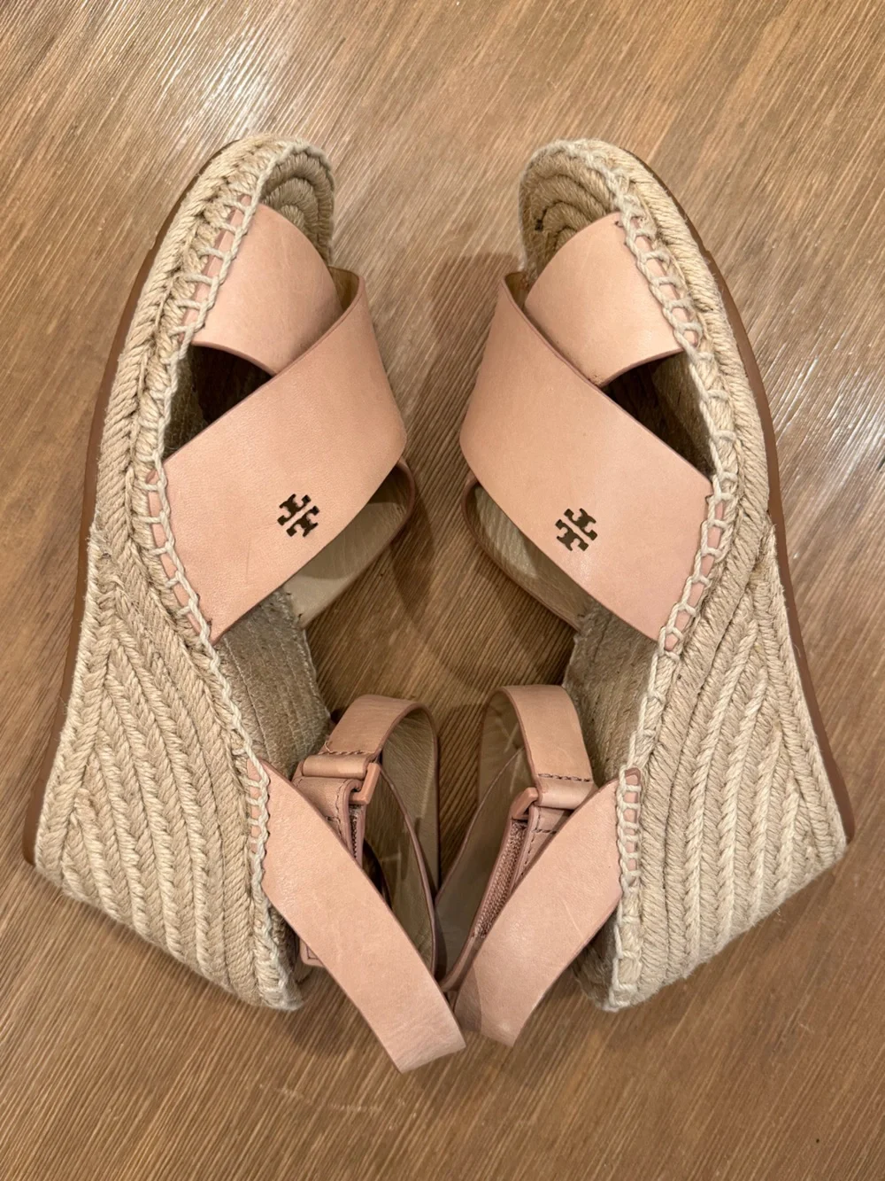 Tory Burch Blush Leather Espadrille Wedge Sandals